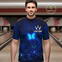 Load image into Gallery viewer, Blue galaxy Butterfly Bowling Polo, Quarter Zip shirts For men Custom Butterfly Team bowling jersey NQS11268