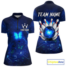 Load image into Gallery viewer, Blue galaxy Butterfly Bowling Polo, Quarter Zip shirts For Women Custom Butterfly Team bowling jersey NQS11268