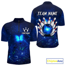 Load image into Gallery viewer, Blue galaxy Butterfly Bowling Polo, Quarter Zip shirts For men Custom Butterfly Team bowling jersey NQS11268