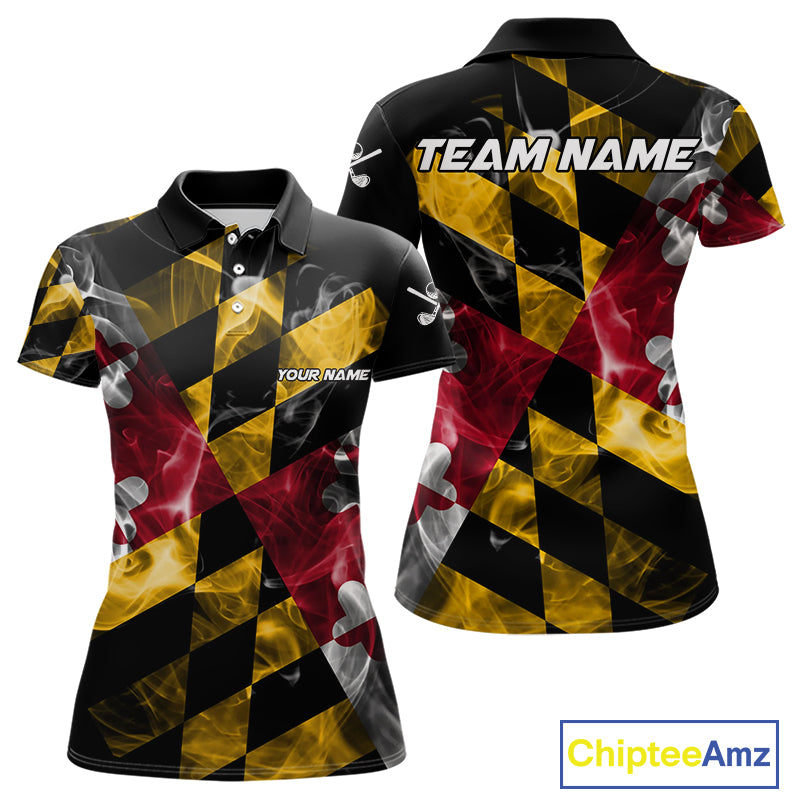 Smoke Maryland Flag Black Golf Polo shirts for Women Custom patriotic Team Ladies Golf Outfit NQS11467