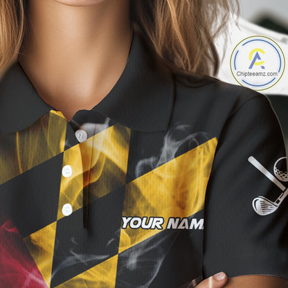 Smoke Maryland Flag Black Golf Polo shirts for Women Custom patriotic Team Ladies Golf Outfit NQS11467