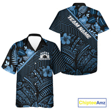 Load image into Gallery viewer, Black and Blue tribal pattern tropical Bowling Hawaiian Shirts Custom Team Bowling Jerseys NQS11468