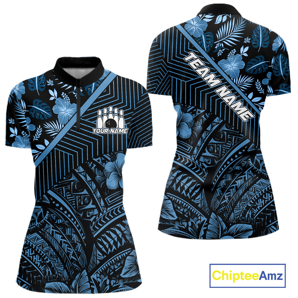 Black and Blue tribal pattern Bowling Polo, 1/4 zip Shirts For Women Custom Team Bowling Jerseys NQS11468