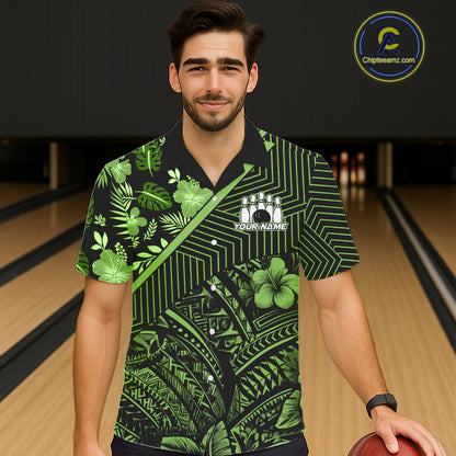 Black and Green tribal pattern tropical Bowling Hawaiian Shirts Custom Team Bowling Jerseys NQS11469