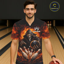 Load image into Gallery viewer, Personalized Skull Hawaiian Bowling Jerseys Custom Black and Orange Bowling Team button up shirt NQS11474
