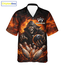 Load image into Gallery viewer, Personalized Skull Hawaiian Bowling Jerseys Custom Black and Orange Bowling Team button up shirt NQS11474