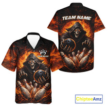 Load image into Gallery viewer, Personalized Skull Hawaiian Bowling Jerseys Custom Black and Orange Bowling Team button up shirt NQS11474