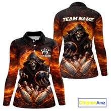 Load image into Gallery viewer, Personalized Skull Bowling Polo, 1/4 zip Jerseys for Women Custom Black and Orange Bowling Team shirt NQS11474