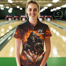 Load image into Gallery viewer, Personalized Skull Bowling Polo, 1/4 zip Jerseys for Women Custom Black and Orange Bowling Team shirt NQS11474