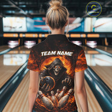 Load image into Gallery viewer, Personalized Skull Bowling Polo, 1/4 zip Jerseys for Women Custom Black and Orange Bowling Team shirt NQS11474
