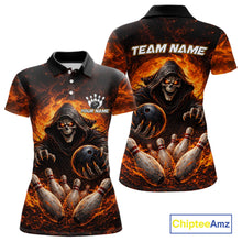 Load image into Gallery viewer, Personalized Skull Bowling Polo, 1/4 zip Jerseys for Women Custom Black and Orange Bowling Team shirt NQS11474