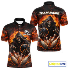 Load image into Gallery viewer, Personalized Skull Bowling Polo, 1/4 zip Jerseys for Men Custom Black and Orange Bowling Team shirts NQS11474