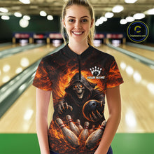 Load image into Gallery viewer, Personalized Skull Bowling Polo, 1/4 zip Jerseys for Women Custom Black and Orange Bowling Team shirt NQS11474