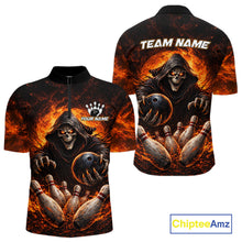 Load image into Gallery viewer, Personalized Skull Bowling Polo, 1/4 zip Jerseys for Men Custom Black and Orange Bowling Team shirts NQS11474