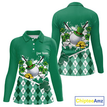 Load image into Gallery viewer, Green argyle pattern St Patrick Golf Polo Golf shirts for Women Custom gifts for the golfer NQS11476