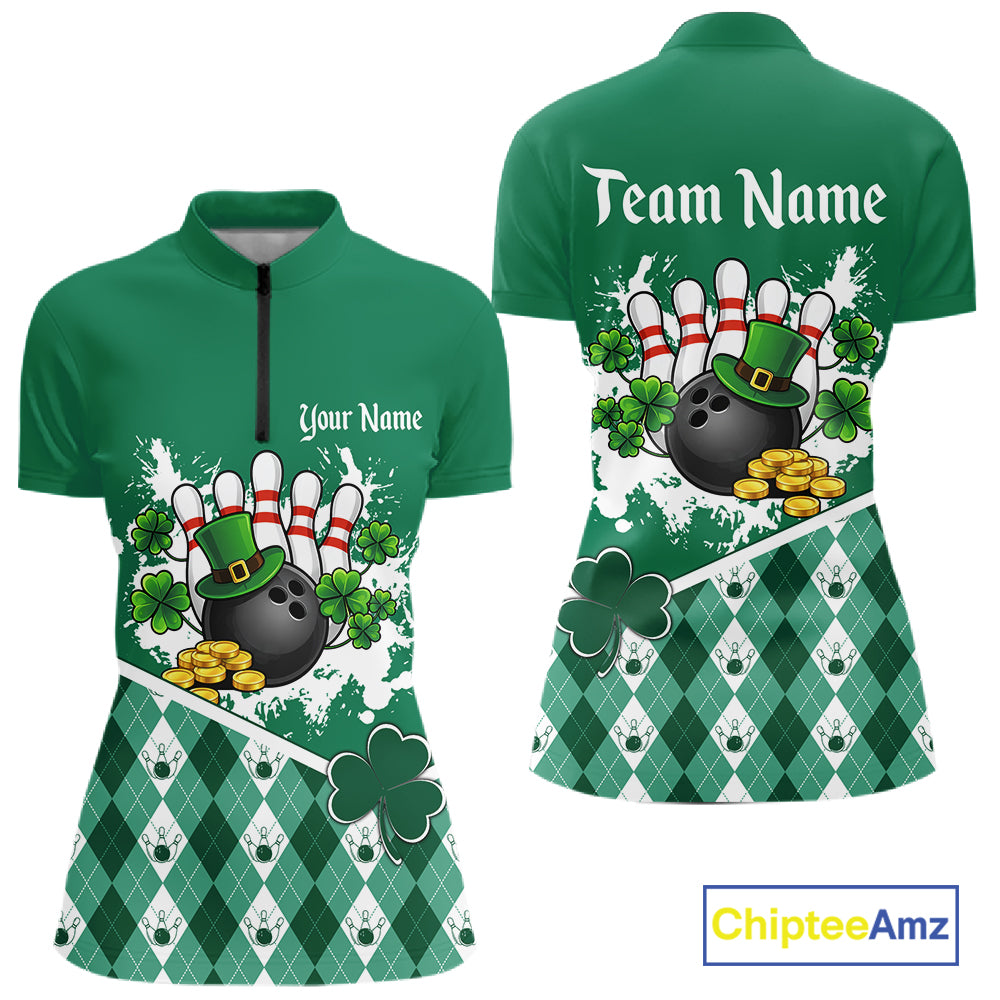 Green argyle pattern St Patrick Bowling Polo, 1/4 zip shirts for Women Custom team bowling jerseys NQS11477