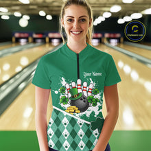 Load image into Gallery viewer, Green argyle pattern St Patrick Bowling Polo, 1/4 zip shirts for Women Custom team bowling jerseys NQS11477