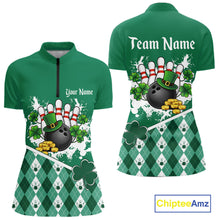Load image into Gallery viewer, Green argyle pattern St Patrick Bowling Polo, 1/4 zip shirts for Women Custom team bowling jerseys NQS11477