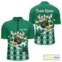 Load image into Gallery viewer, Green argyle pattern St Patrick Bowling Polo, 1/4 zip shirts for Men Custom team bowling jerseys NQS11477