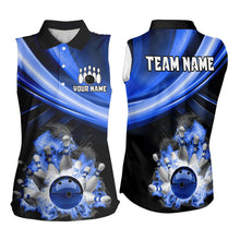 Load image into Gallery viewer, Personalized Black and Blue Smoke Flame Bowling Sleeveless Polo Shirts, cool bowling jerseys NQS9543
