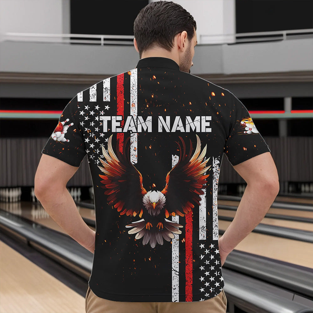 Personalized Black American Flag Flame Eagle Bowling Shirts For Men Custom patriotic bowling jerseys NQS9549