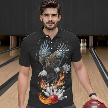 Black Mens Bowling Polo, 1/4 Zip Shirt Custom Flame Eagle Lightning bowling outfit gifts for bowlers NQS9707