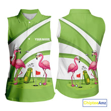 Load image into Gallery viewer, Funny Pink Flamingo Sleeveless Golf Polo Shirts for Women Custom Green and White ladies golf attire NQS11747