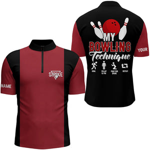 Red black vintage Mens bowling Quarter Zip shirt Custom my bowling technique strike Bowling Team JerseyNQS5487