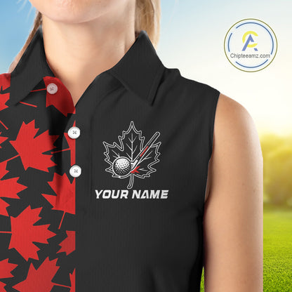 Black and Red maple leaf pattern Women sleeveless polo shirt Custom Canadian Flag patriotic golf top NQS10139