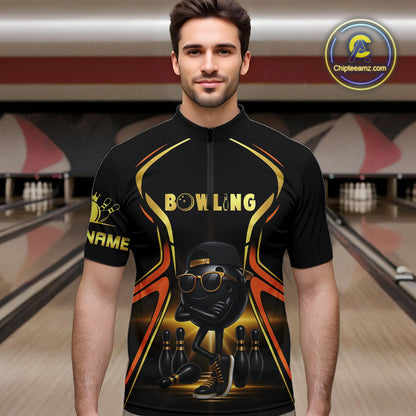 Black and Gold Funny bowling ball and pins Bowling shirts for Men Custom cool bowling team jerseys NQS10273