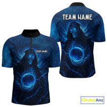 Load image into Gallery viewer, Blue Thunder Lightning Skull Reaper Bowling Shirts For Men Custom Team Bowling Jerseys For Bowlers NQS10679