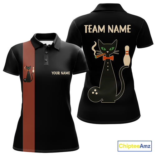 Custom retro bowling shirts Black and Orange Funny Cat Bowling jersey for Women Team Bowling Outfit NQS11073