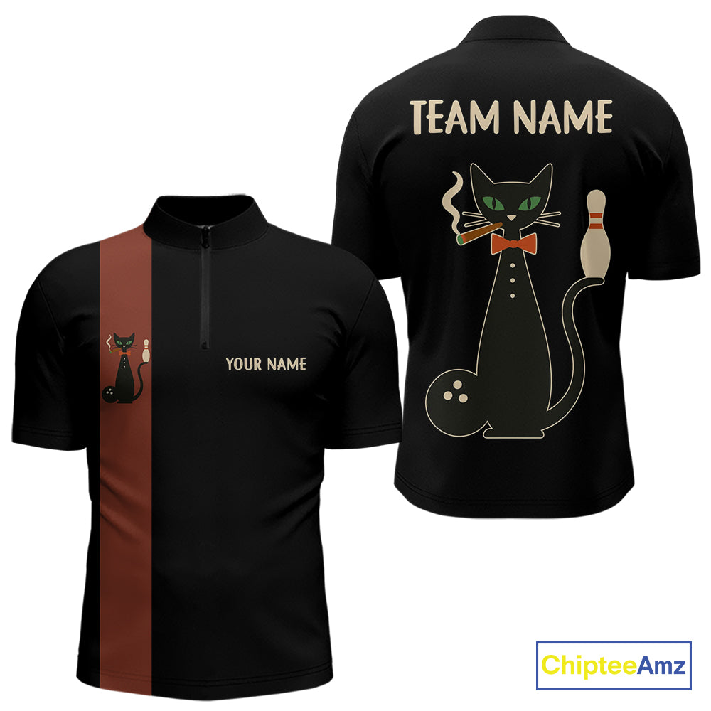 Custom retro bowling shirts Black and Orange Funny Cat Bowling jersey for men Team Bowling Outfit NQS11073