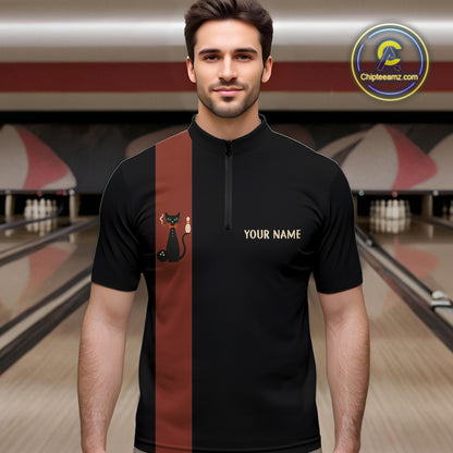 Custom retro bowling shirts Black and Orange Funny Cat Bowling jersey for men Team Bowling Outfit NQS11073