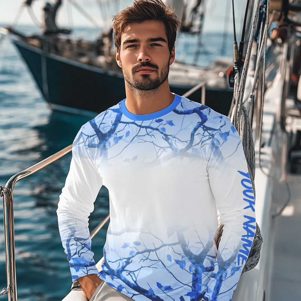 Personalized name White and Blue Camo performance long sleeve team fishing tournament shirts NQS9555