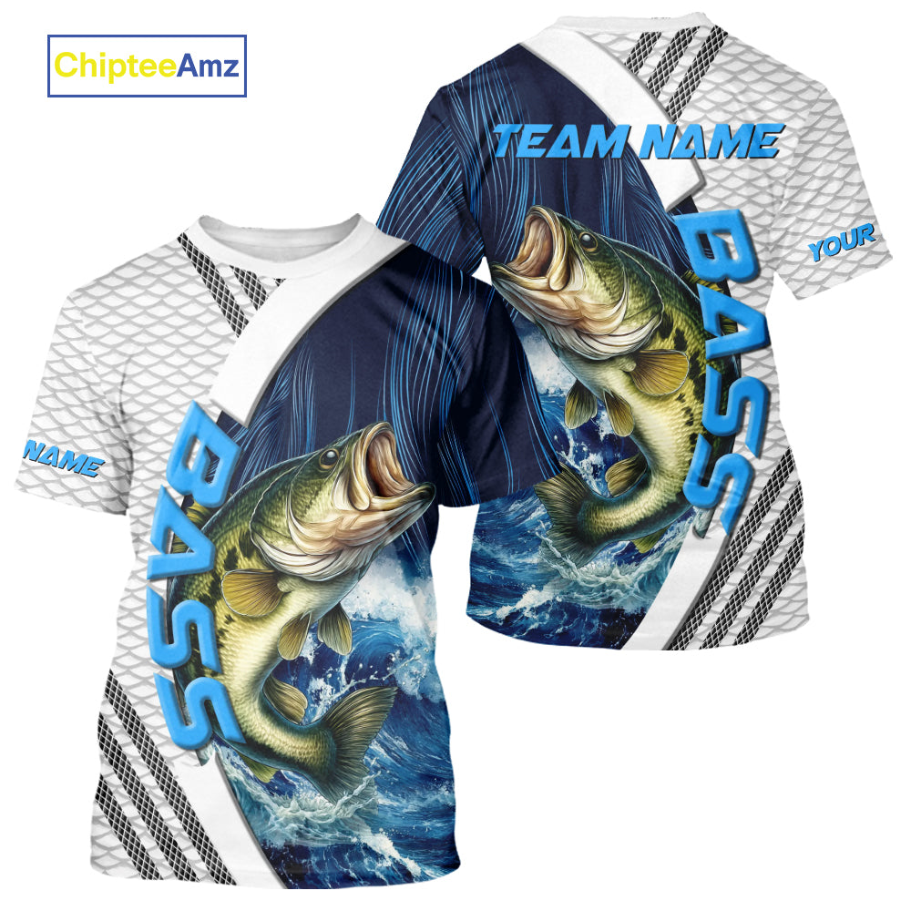 Blue and White Camo Largemouth Bass fishing Custom name sun protection Bass fishing team jerseys NQS9981