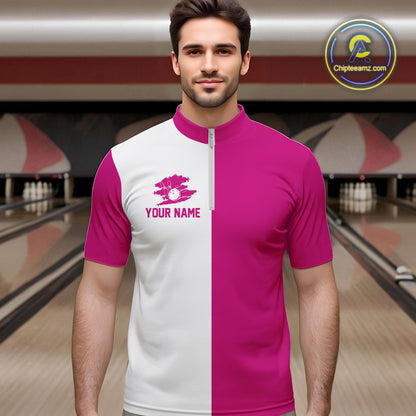 Pink and white Retro Bowling shirts For Men Custom team bowling jerseys gift for Bowlers NQS10147