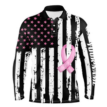 Load image into Gallery viewer, Black white Pink ribbon American Flag Men golf polo shirts custom Breast Cancer awareness golf shirts NQS8284