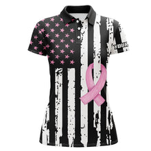 Load image into Gallery viewer, Pink ribbon American Flag patriotic Women golf polo shirts custom Breast Cancer awareness golf shirts NQS8284