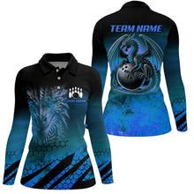 Load image into Gallery viewer, Black And Blue Custom Dragon Flame Bowling Shirts For Women, Dragon Fire Bowling Team Shirts NQS8498
