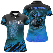 Load image into Gallery viewer, Black And Blue Custom Dragon Flame Bowling Shirts For Women, Dragon Fire Bowling Team Shirts NQS8498