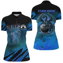 Load image into Gallery viewer, Black And Blue Custom Dragon Flame Bowling Shirts For Women, Dragon Fire Bowling Team Shirts NQS8498