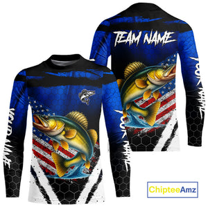 Walleye fishing American Flag Custom patriotic long sleeve team Walleye fishing shirts | Blue NQS10686
