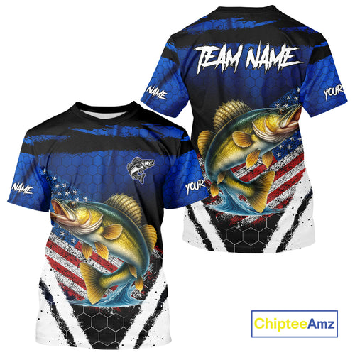Walleye fishing American Flag Custom patriotic long sleeve team Walleye fishing shirts | Blue NQS10686