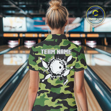 Load image into Gallery viewer, Bowling Polo, Quarter Zip shirts For Women Custom bowling ball &amp; pins Green camo Bowling Team Jersey NQS10890