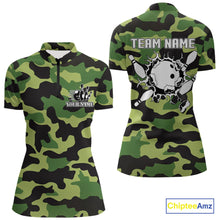 Load image into Gallery viewer, Bowling Polo, Quarter Zip shirts For Women Custom bowling ball &amp; pins Green camo Bowling Team Jersey NQS10890