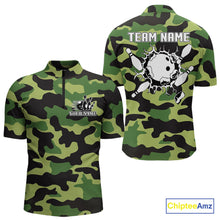 Load image into Gallery viewer, Bowling Polo, Quarter Zip shirts For Men Custom bowling ball and pins Green camo Bowling Team Jersey NQS10890