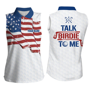 Funny Women Sleeveless Polo Shirt custom American flag patriotic white golf shirts talk birdie to me NQS9204