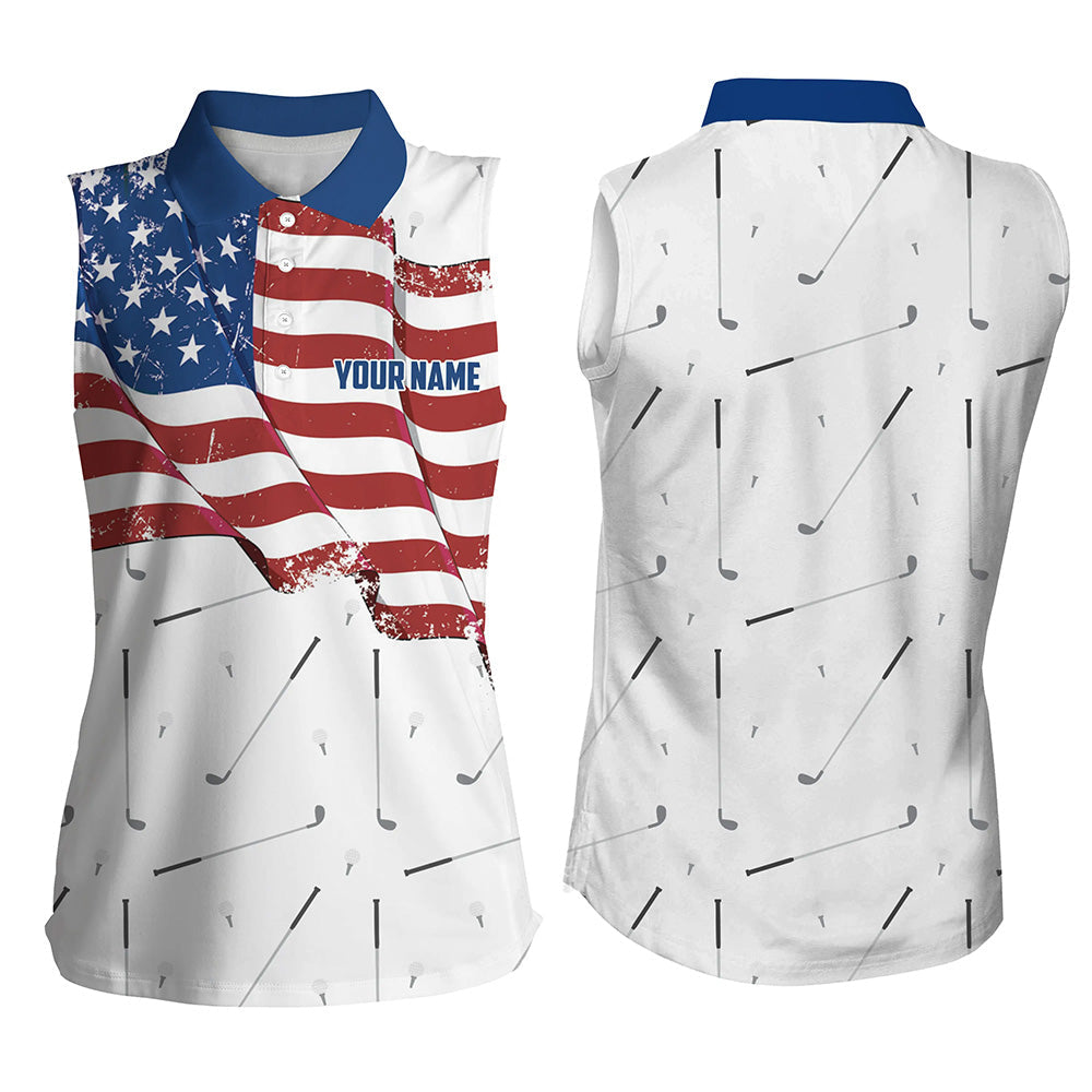 Women Sleeveless Polo Shirt custom American flag patriotic white golf camo shirts talk birdie to me NQS9205