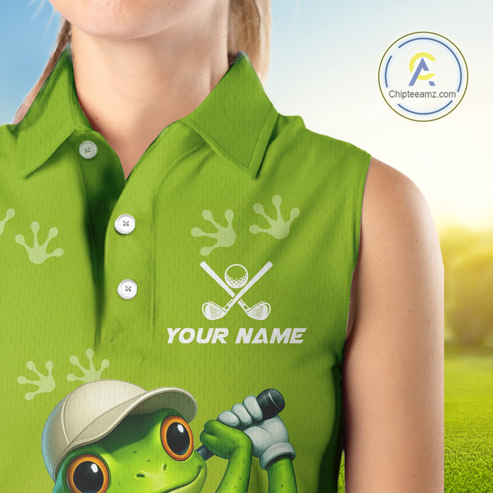 Funny Frog Sleeveless Golf polo shirt for Women Custom Green ladies golf top, personalized golf gifts NQS11280